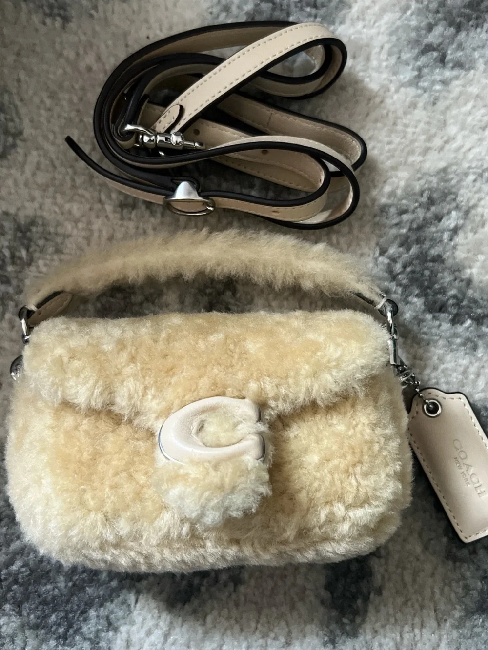 Coach Cream Shearling Mini Bag with Leather Strap